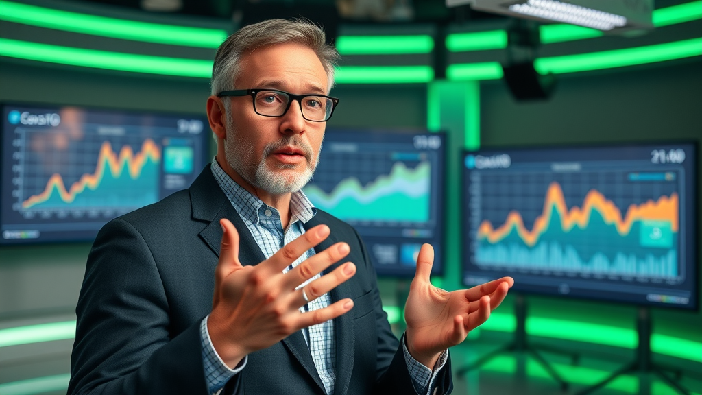 professional video presenter introduces real estate market analysis tips with graphs in a modern studio