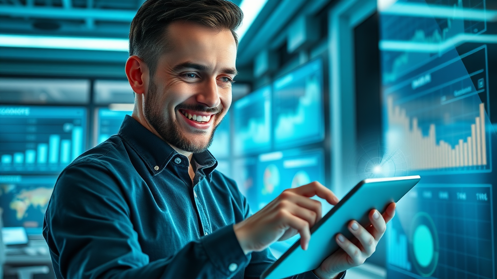 Insightful entrepreneur reviews charts on digital tablet. Small business marketing analytics in high-tech workspace.