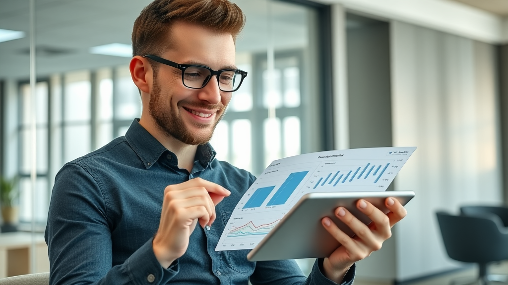 Digital marketer analyzing video engagement metrics on a tablet in a modern office