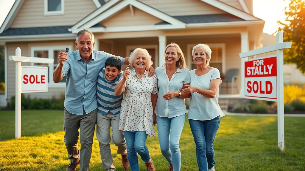 multi-generational family celebrates real estate investment success with financial freedom