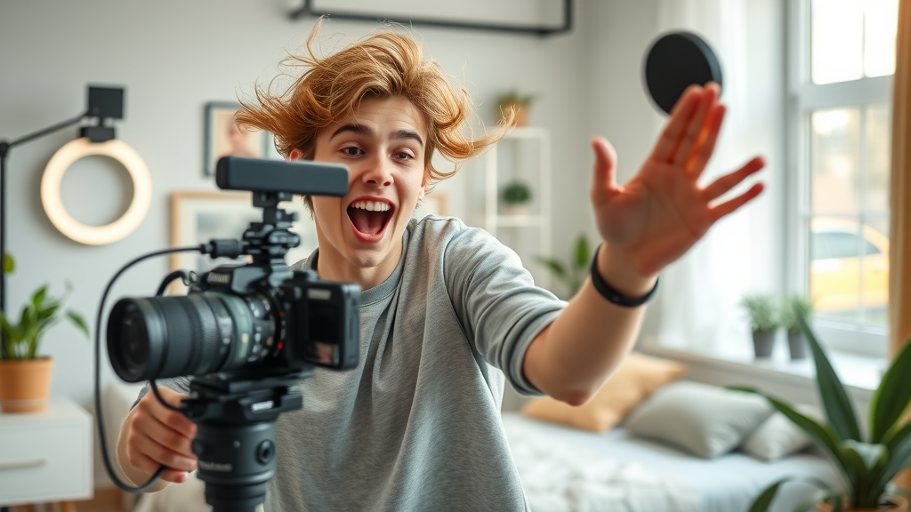 Content creator recording Instagram reel dynamic energetic dance in studio