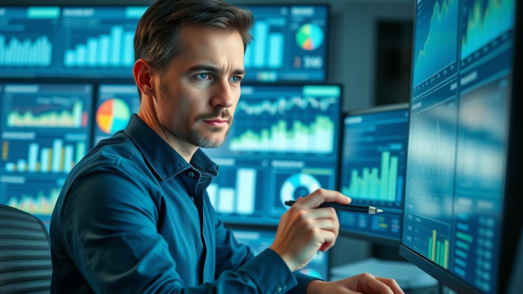 Data analyst reviewing ROI metrics for social media lead generation on a digital dashboard