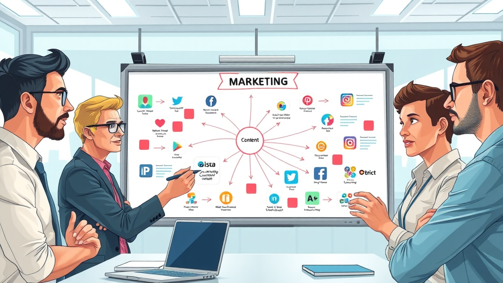 diverse marketing team collaboratively mapping content strategies on a smartboard that links social media accounts, websites, and various online media platforms, focused expressions, planning, 2D Cartoon, bright office conference room with digital displays, highly detailed, dynamic arrows and flowcharts animating between nodes, pastel tech color scheme, overhead daylight, shot with an illustration-like lens.