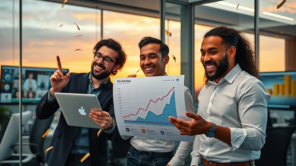 ugc platforms brand managers reviewing UGC campaign results and growth in a modern office environment