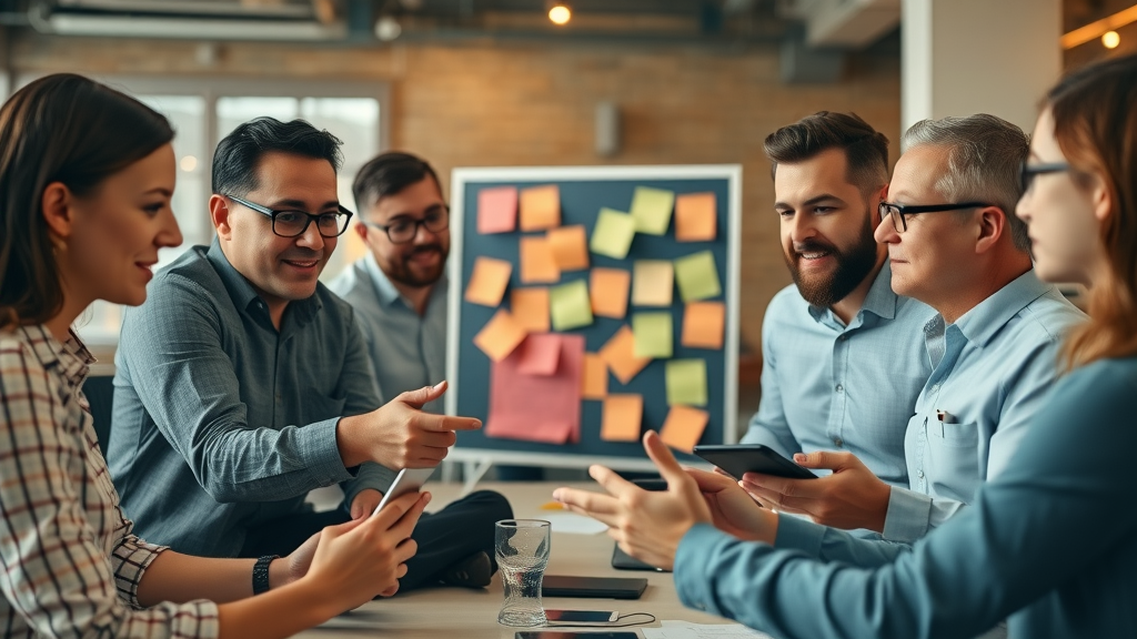 ad network optimization team brainstorming optimization strategy using digital devices and creative workspace