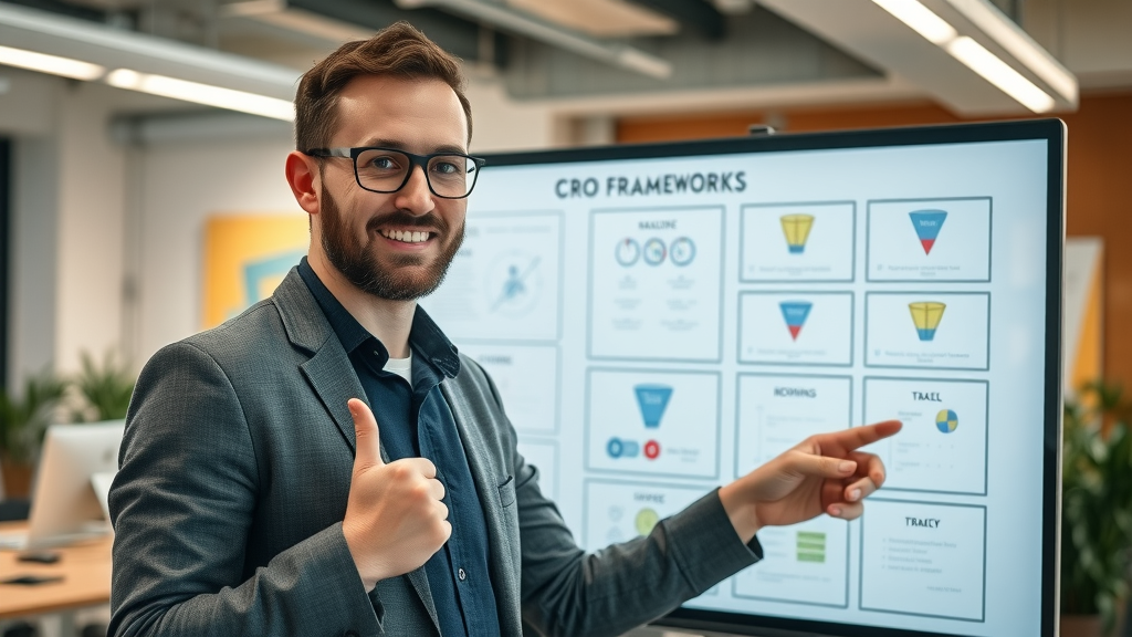 conversion rate optimization strategist mapping CRO frameworks on digital board