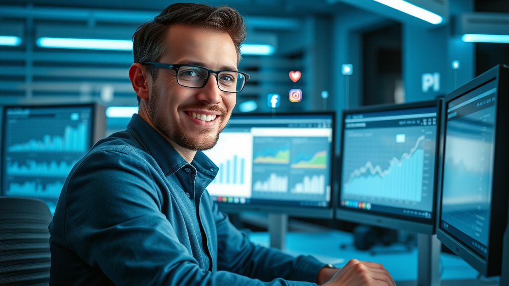 Small business owner strategically analyzing Facebook and Instagram ad results, digital graphs on-screen.