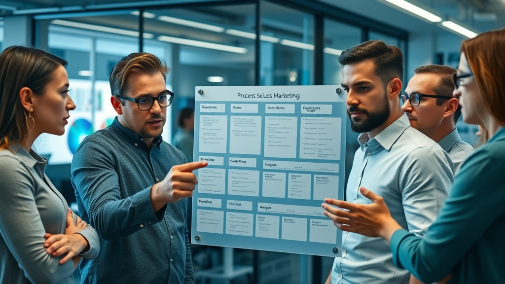 marketing team analyzing B2B lead generation process flows in a modern office