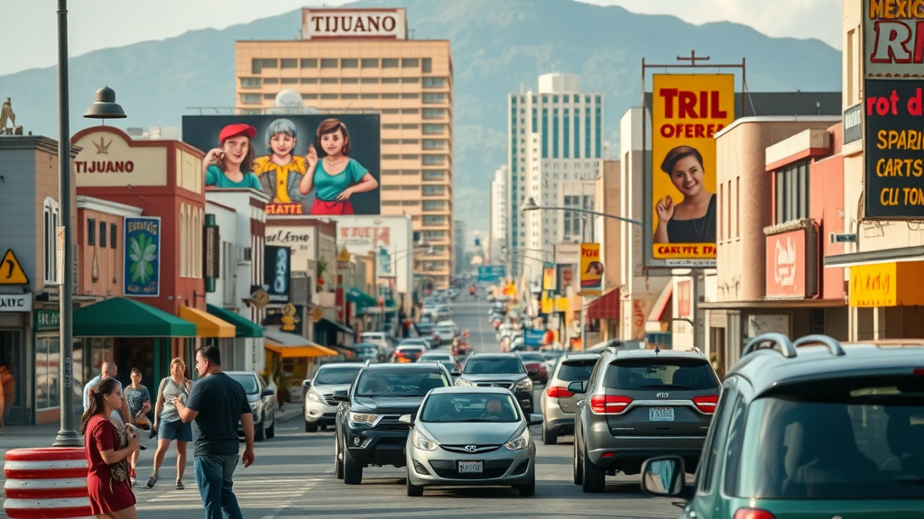 Tijuana digital marketing vibrant cityscape with business people and murals