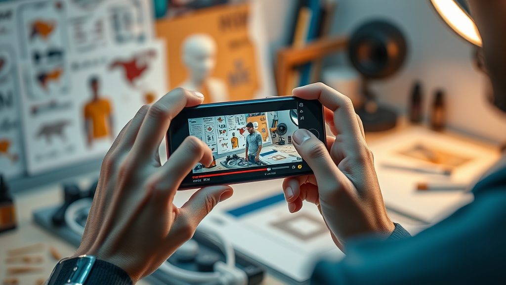 mobile video marketing creative designer editing vertical video on smartphone in inspiring digital studio