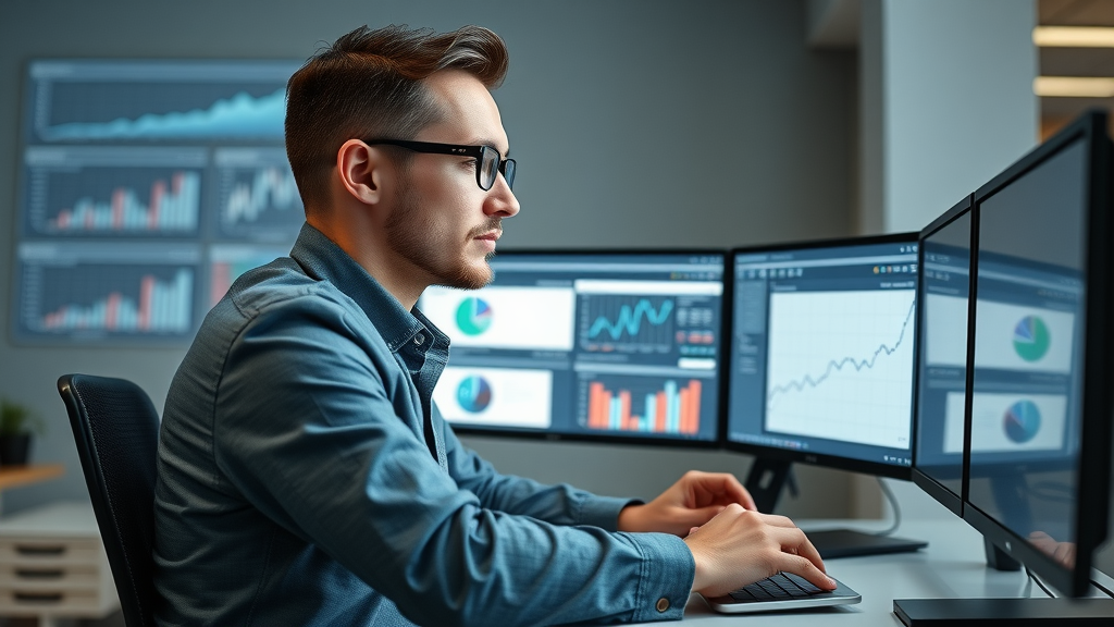 Entrepreneur managing ad campaigns across digital devices, monitoring analytics