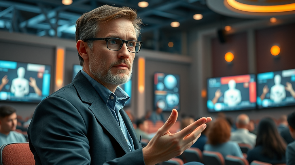 tech expert answering independent media platform questions futuristic auditorium