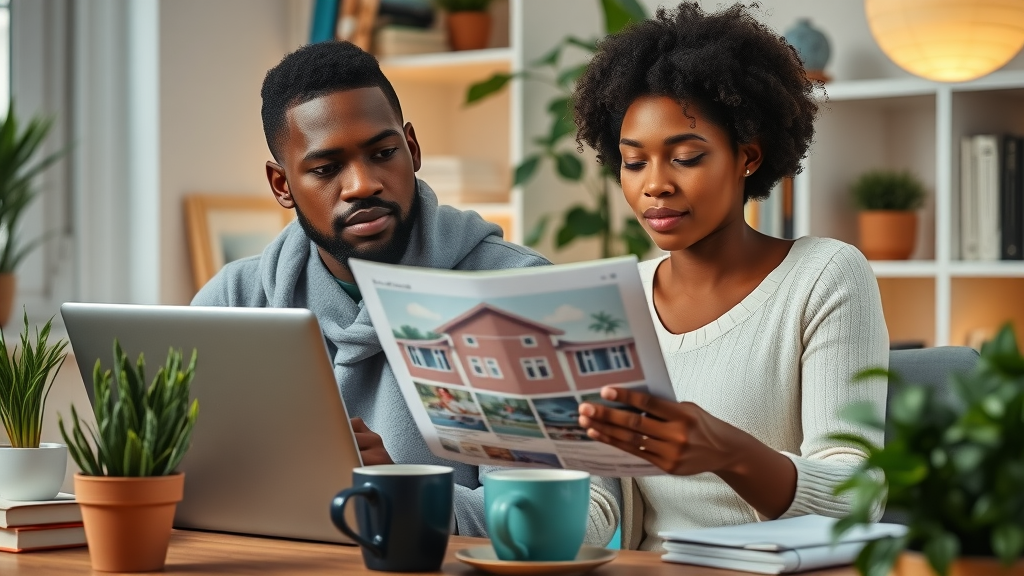 investment property tips: diverse couple plans real estate purchase by reviewing listings and finances