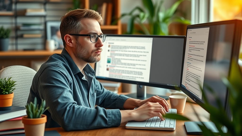 Content creator typing a blog post and reviewing SEO keywords in a modern work environment
