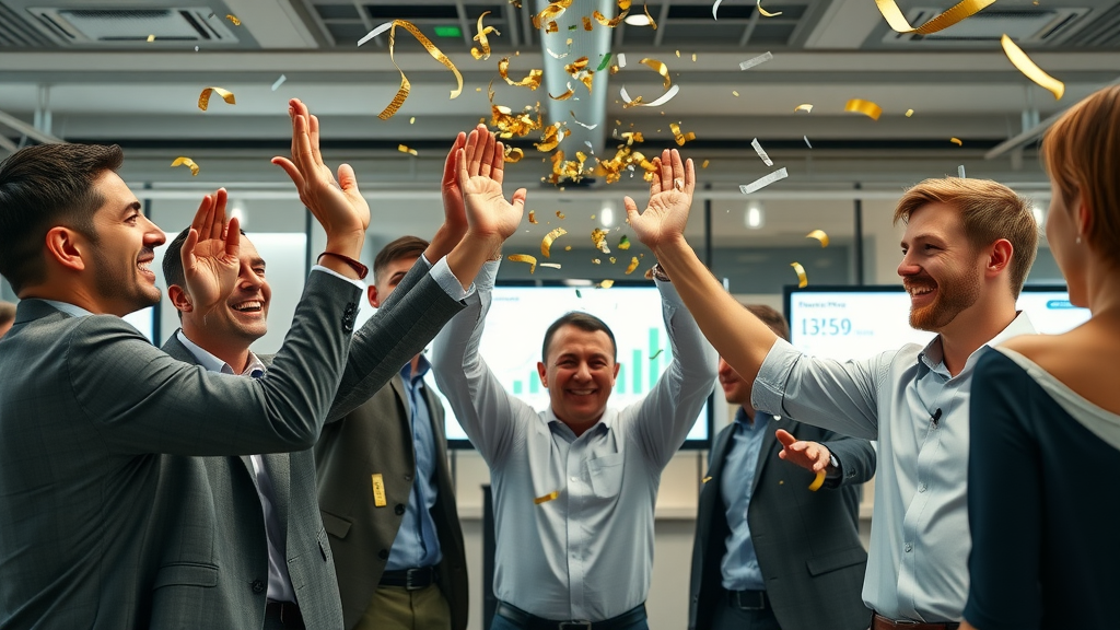 Business team celebrating big wins from online advertising strategies, reviewing revenue charts