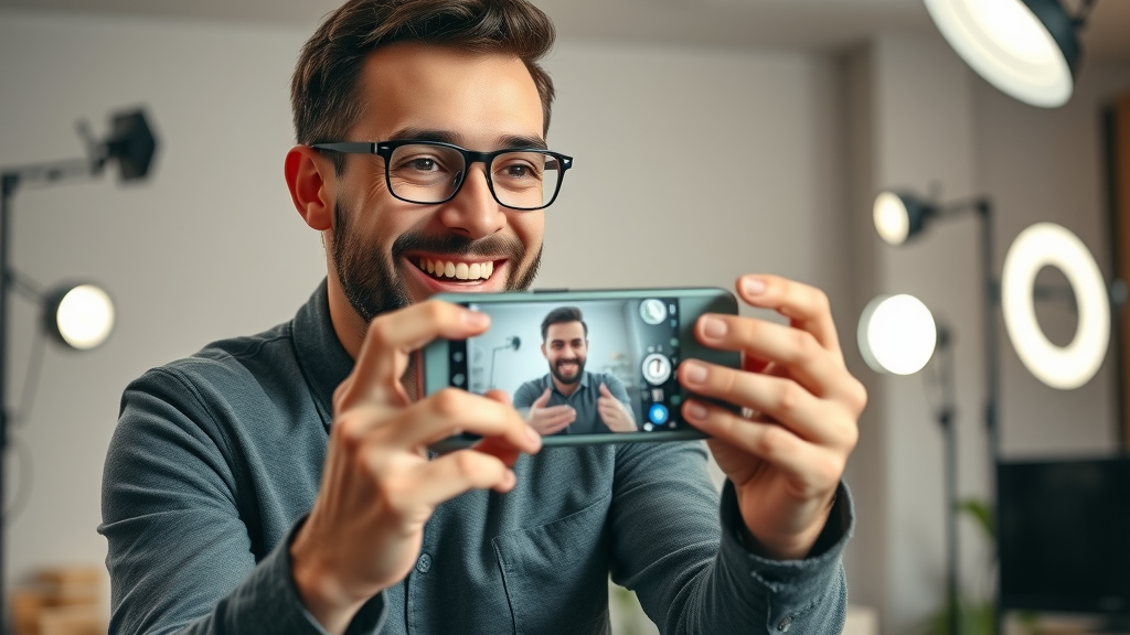 Enthusiastic content creator recording an engaging short video for social media lead generation in a modern studio