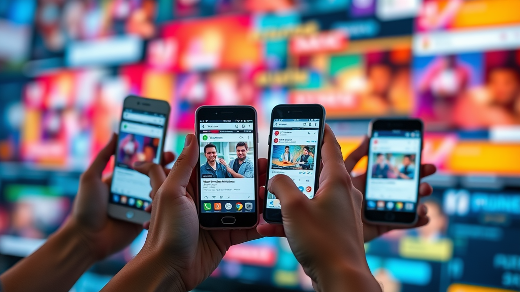 Mobile screens displaying various video content on social media platforms