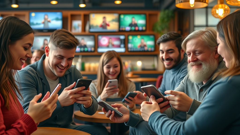 mobile video marketing diverse users watching interactive video ads and stories in cozy cafe