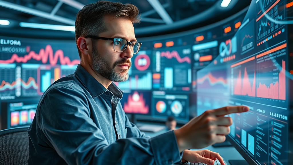 content creation process visionary content strategist reviewing analytics dashboard and future trends in a futuristic workspace with digital elements