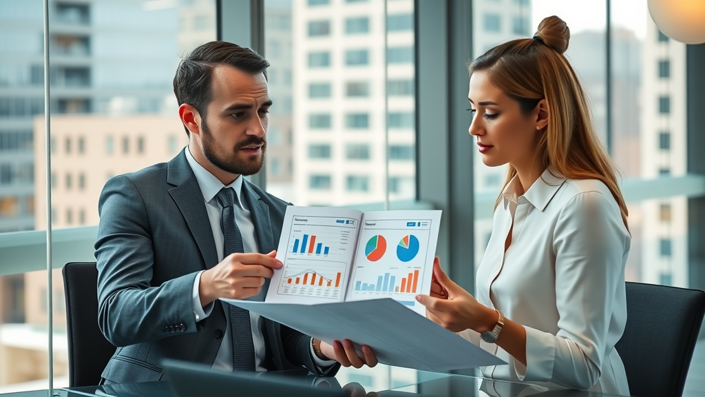 Company executive and marketing manager planning digital marketing goals in a modern office