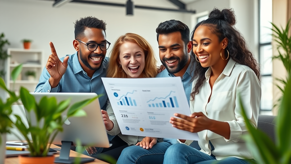 Small business owners reviewing online advertising results on a laptop, showing growth and optimism.