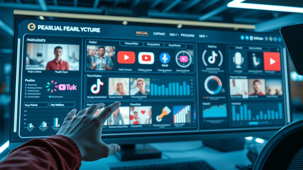 innovative futuristic dashboard interface displaying popular media platforms like YouTube, TikTok, and podcast apps, digital content thumbnails, Cinematic, glassy high-tech office setting, highly detailed, dynamic moving elements like data streams and icon animations, 4k clarity, blue and white color highlights, studio LED lighting, shot with a cinematic prime lens.