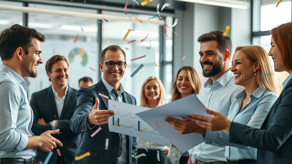 Dynamic sales team in a modern office analyzing performance graphs and celebrating new leads with digital dashboards, lead generation tactics