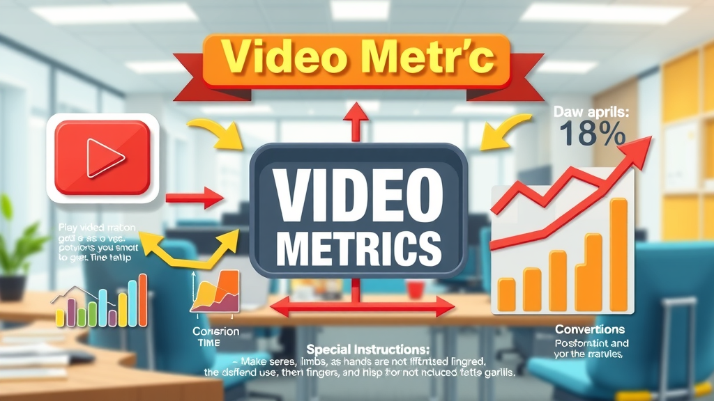 Infographic of key video engagement metrics with icons: play button, watch time, conversion arrows, analytics charts