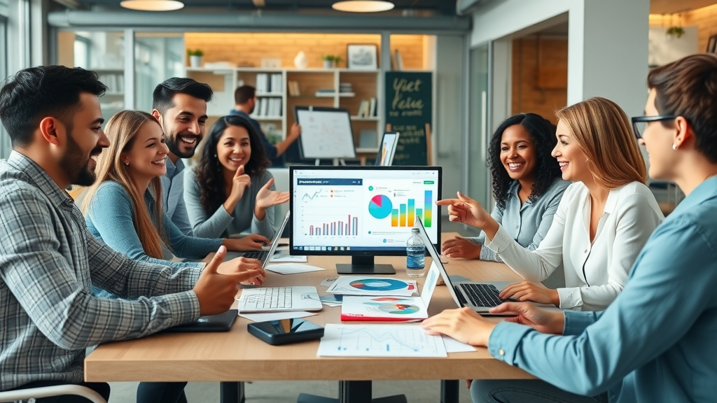 Diverse marketing team discussing video marketing strategies around a work table - video marketing strategies