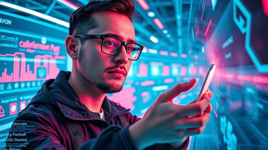 futuristic digital strategist examining SEO and social media algorithm trends in a neon-hued environment