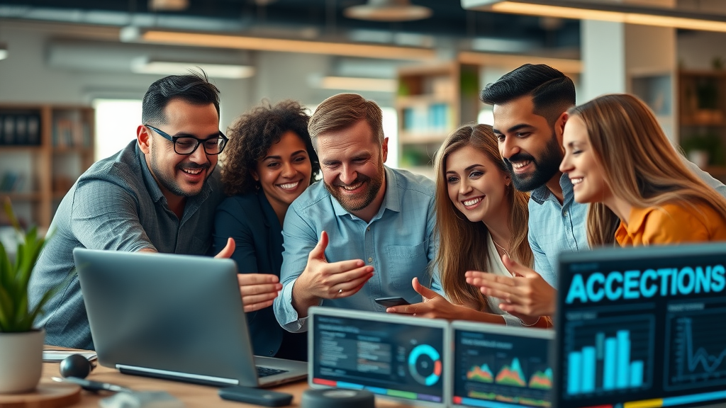 Diverse marketing team collaborating on social media marketing tactics, analytics dashboard glowing with audience insights