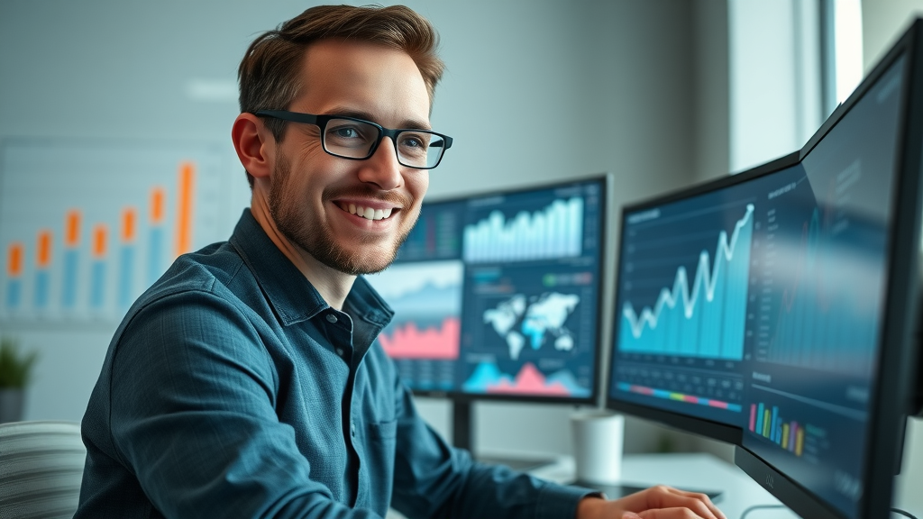 business analyst tracking outbound lead generation success metrics on screen