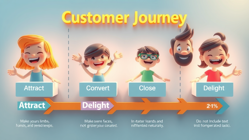 customer journey showing four stages of inbound marketing: Attract, Convert, Close, Delight, animated infographic style, vibrant