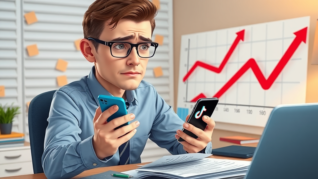 Concerned social media manager reviewing poor-performing TikTok post, learning from TikTok marketing mistakes