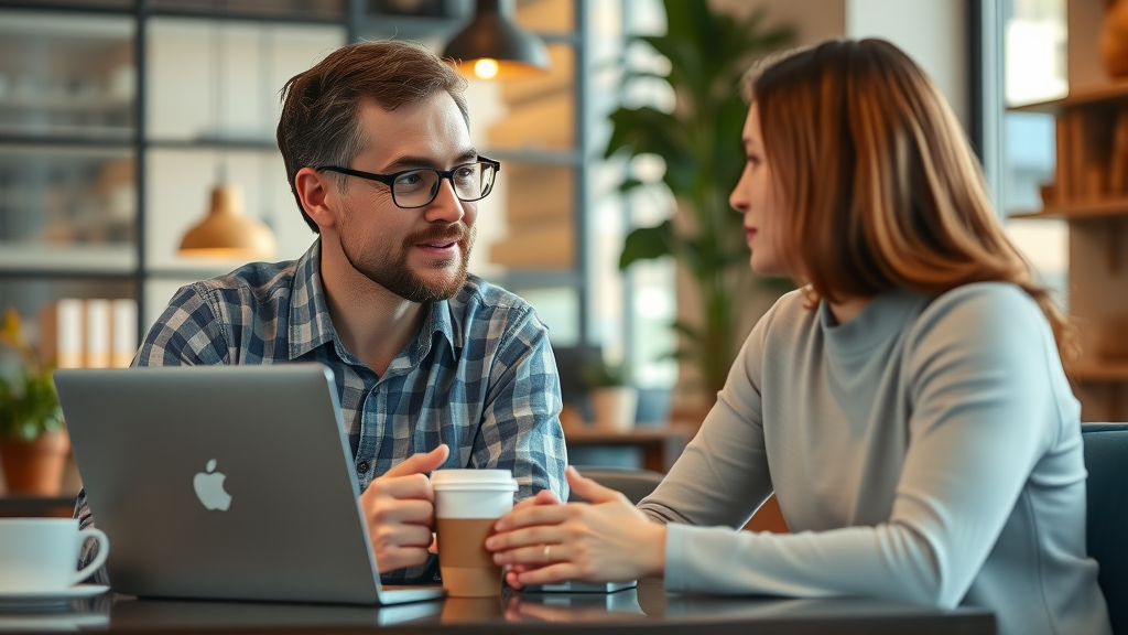 Expert consulting a small business owner on online advertising in a cozy café, digital marketing mentorship.