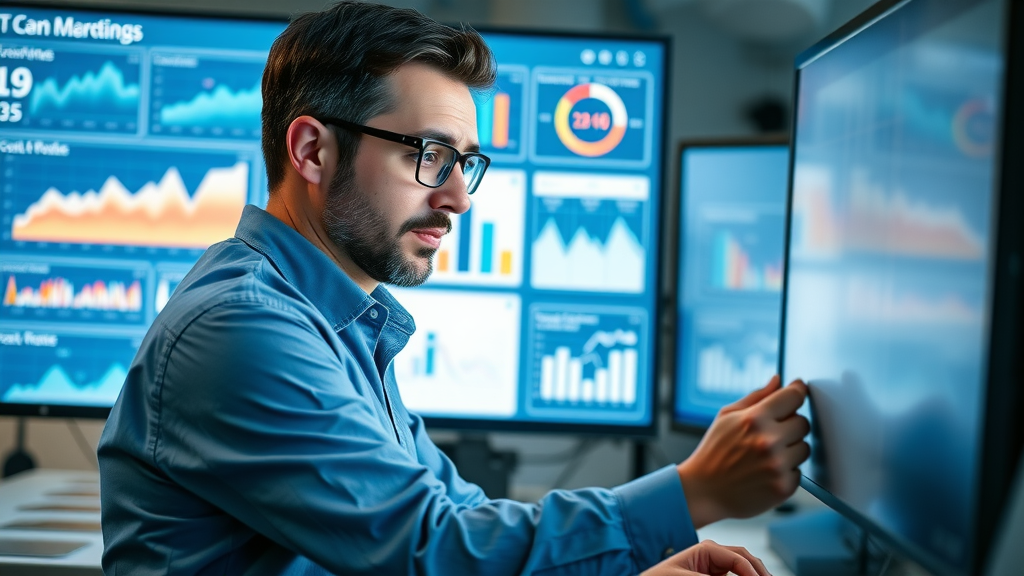 marketing analyst studying digital dashboard with local SEO and KPI metrics