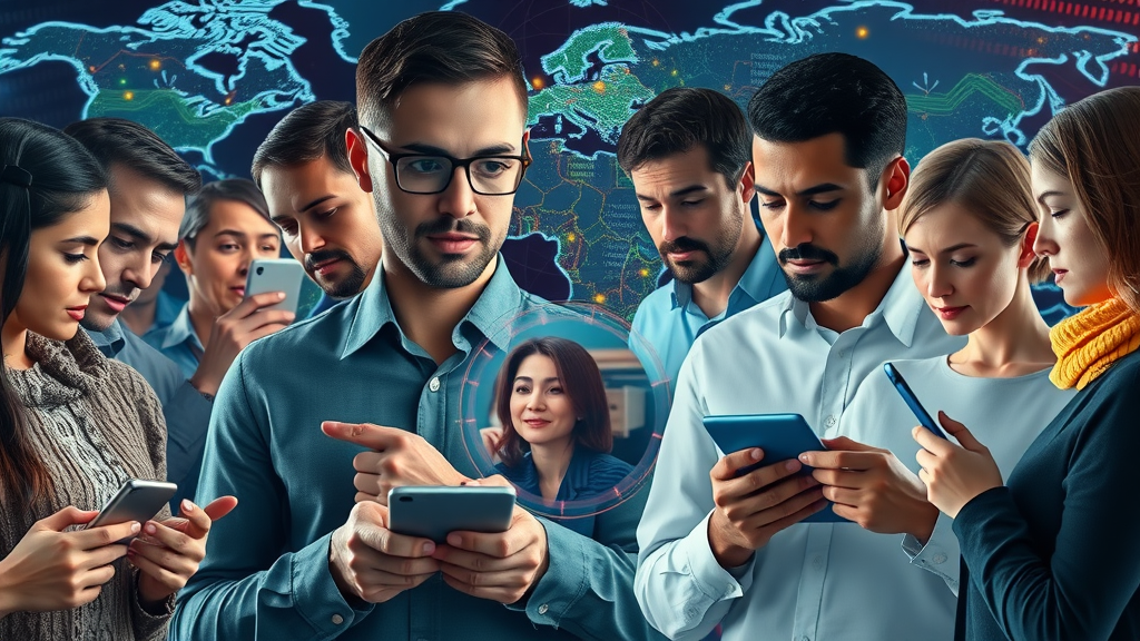 digital media independence global collage diverse people interacting with digital media, abstract network overlays, vibrant information flow