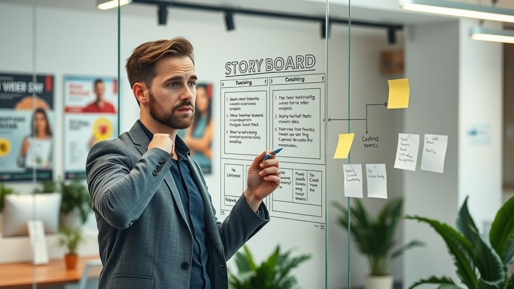 creative marketing strategist building a short-form video campaign strategy on a glass wall