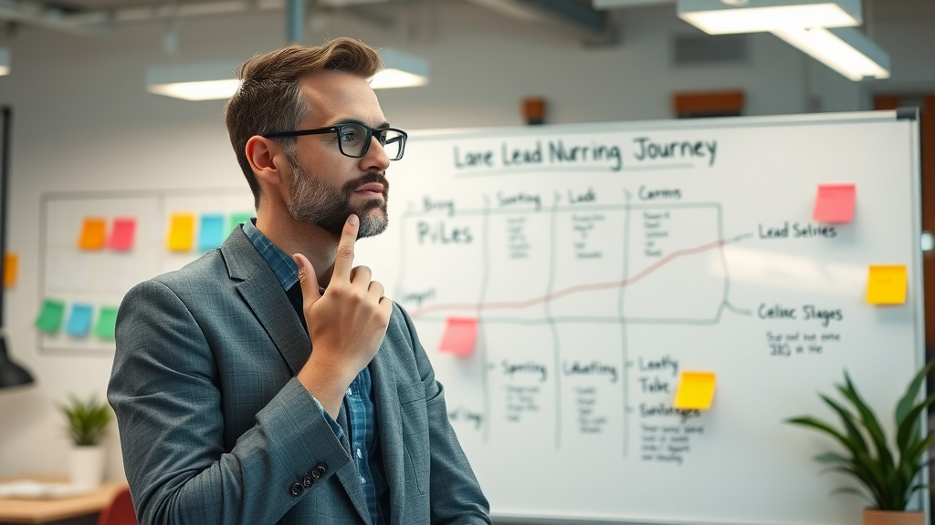 effective lead nurturing manager planning a lead nurturing process on a whiteboard with buyer stages and colorful notes