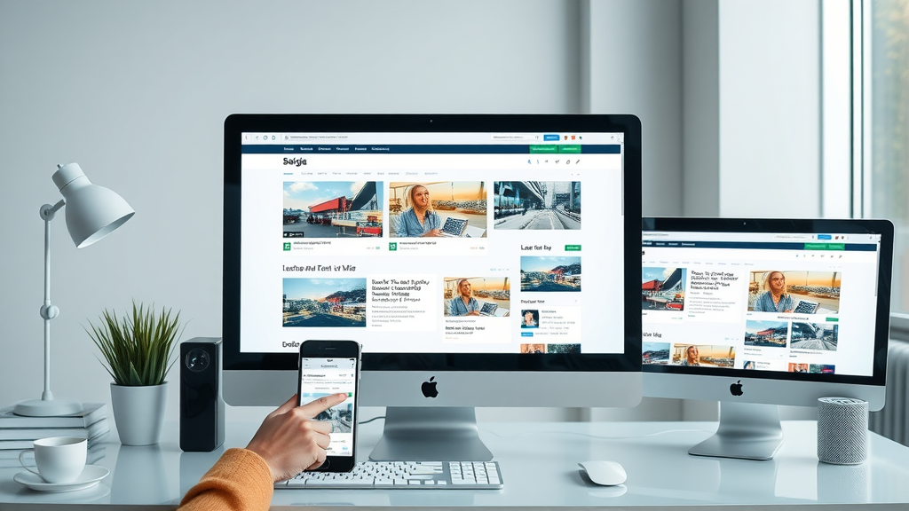 modern desktop and mobile screens displaying strategically placed ads on a website, optimized, multiple ad formats, workspace background, real-time visuals of ads blending in content