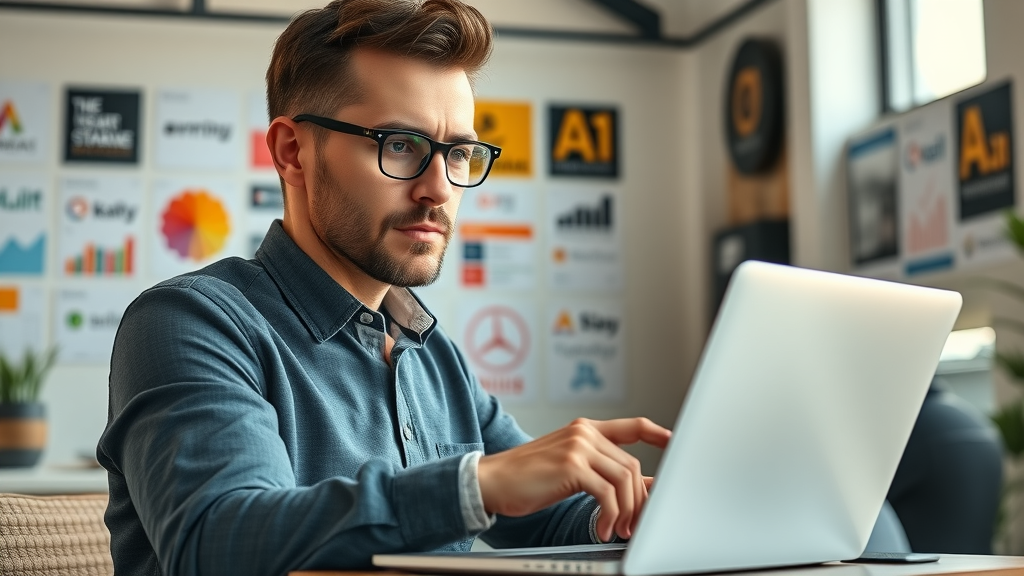 content marketing for small businesses owner analyzing marketing metrics on laptop in small office