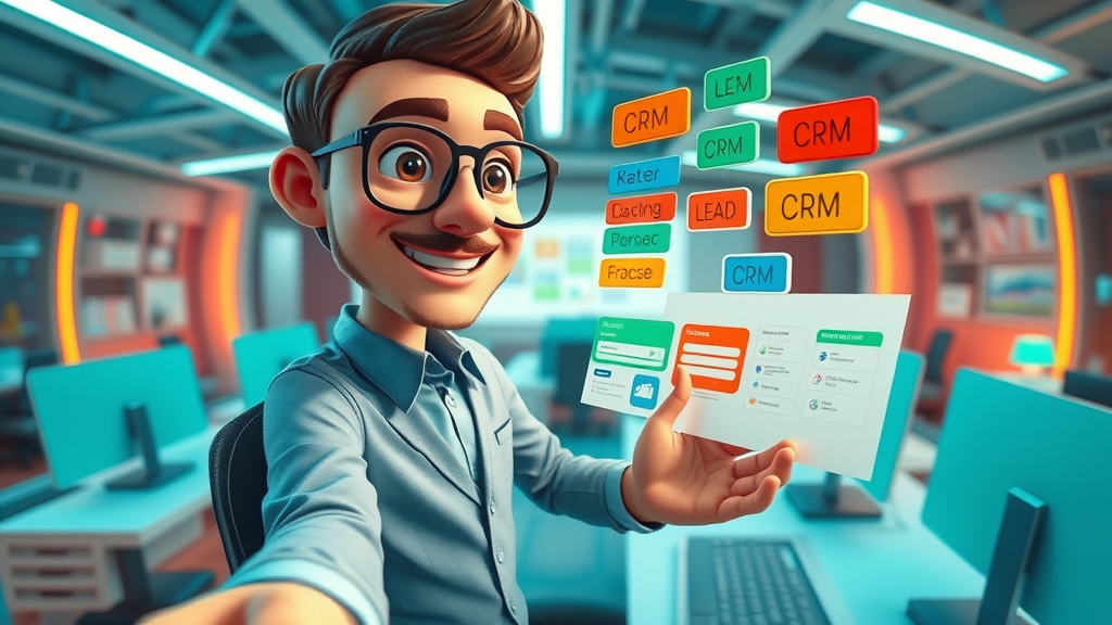 lead scoring CRM specialist personalizing segments for nurturing tactics in a modern cartoon-style office