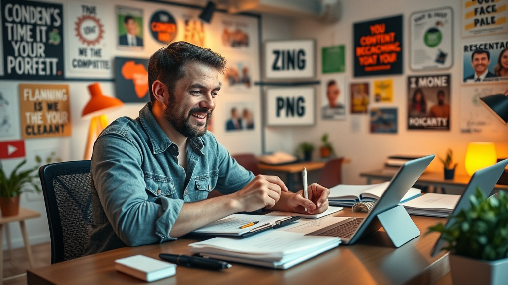 Creative marketer brainstorming compelling content ideas for social media lead generation at a lively studio desk