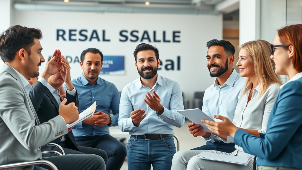 real estate coaching session with motivated agents in modern stylish office, real estate branding visible