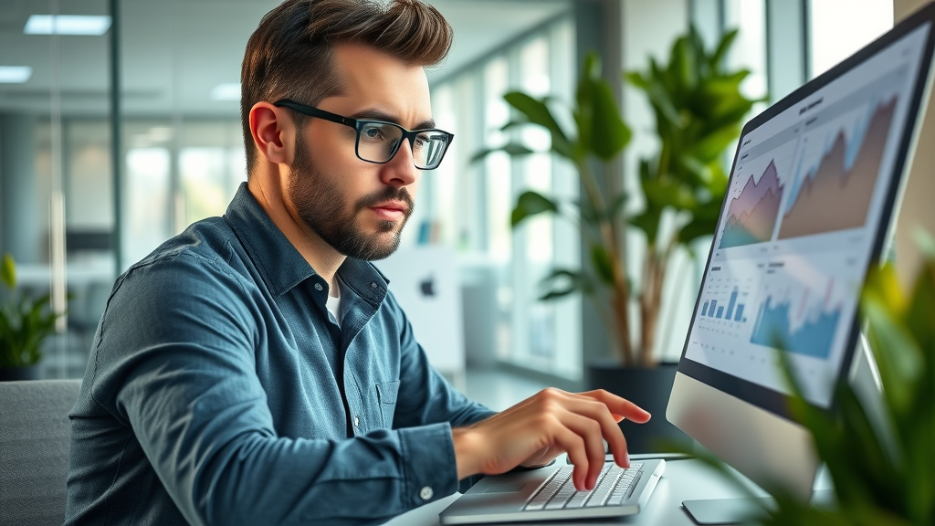 Dynamic marketing professional analyzing social media statistics for social media lead generation in a modern office environment