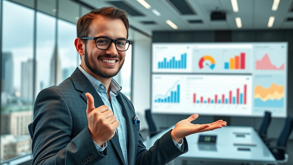 analytical affiliate marketer presenting case studies, interactive dashboard with earnings charts, corporate boardroom