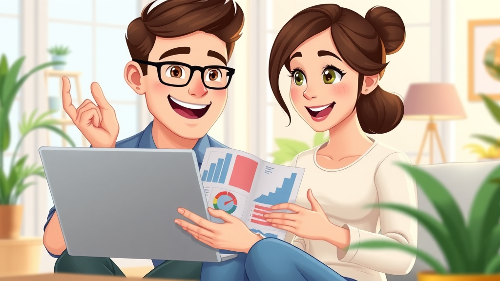 enthusiastic young couple using a laptop to research beginner-friendly real estate investment strategies at home in a modern, cheerful setting