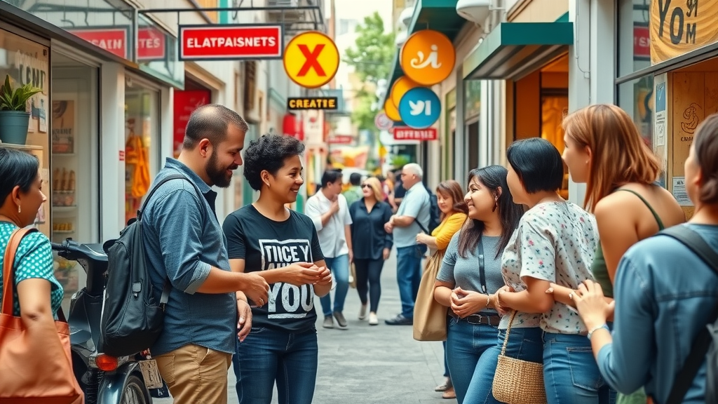 Vibrant small business main street scene with diverse entrepreneurs and creative storefronts. Small business marketing in urban district.