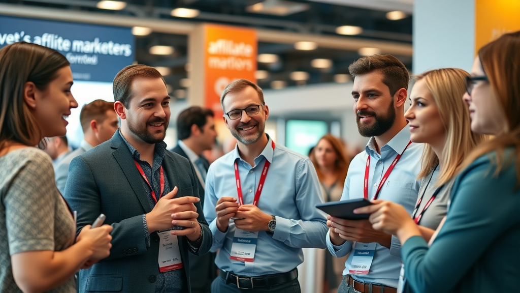 experienced affiliate marketers networking at an industry event, exchanging ideas and strategies