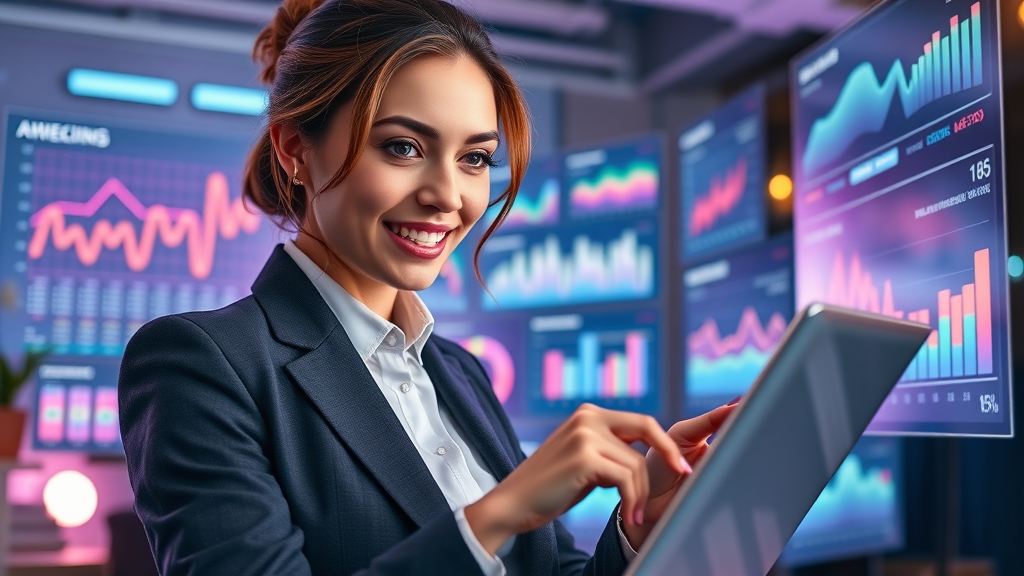 marketing automation analyst reviewing automated dashboards to streamline lead nurturing techniques in a high-tech office